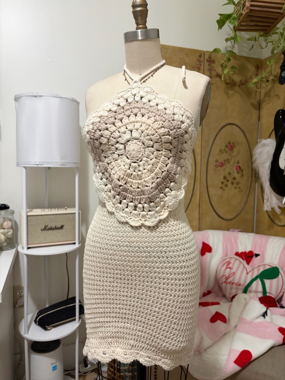 LPA Cream Crochet Halter Mini Dress